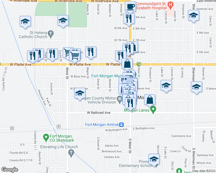 map of restaurants, bars, coffee shops, grocery stores, and more near 331 Meeker Street in Fort Morgan