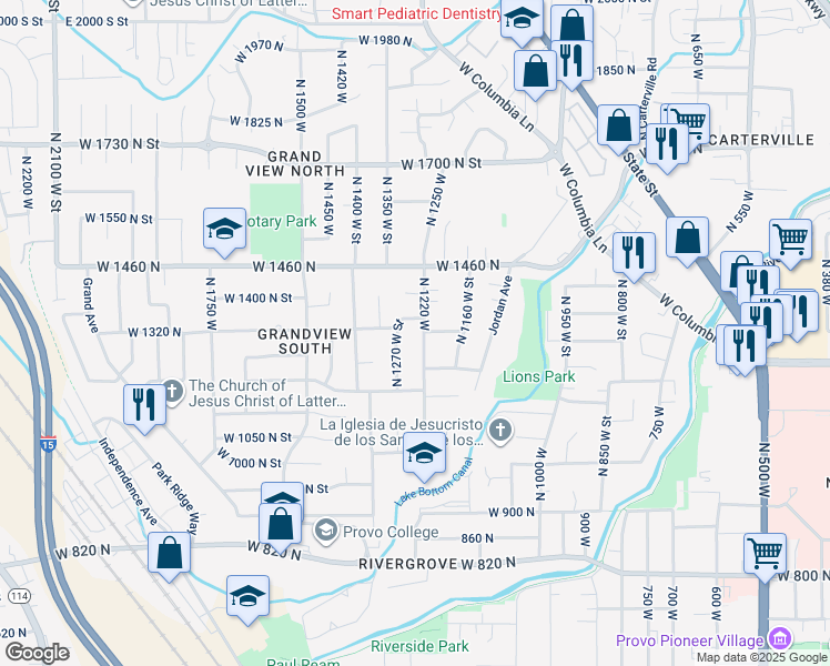 map of restaurants, bars, coffee shops, grocery stores, and more near 1247 North 1220 West in Provo