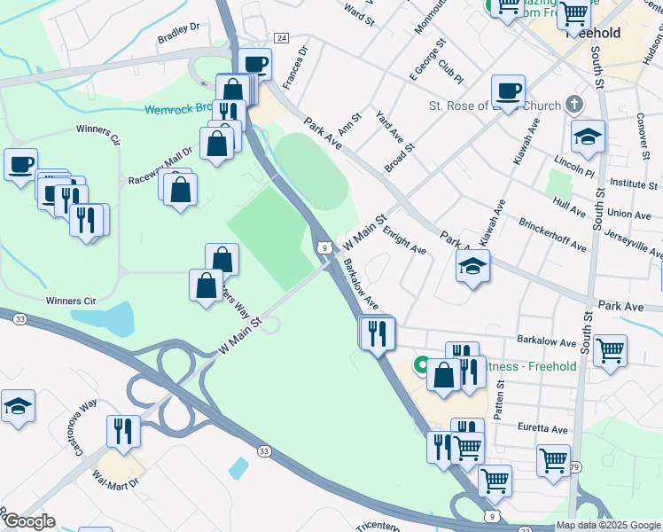 map of restaurants, bars, coffee shops, grocery stores, and more near 169 West Main Street in Freehold