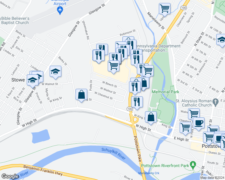 map of restaurants, bars, coffee shops, grocery stores, and more near 319 West Walnut Street in Pottstown
