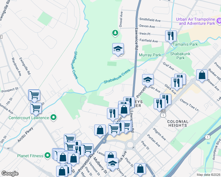 map of restaurants, bars, coffee shops, grocery stores, and more near 302 Meadow Woods Lane in Lawrence Township
