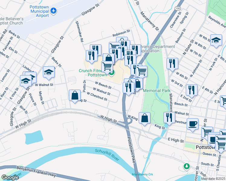 map of restaurants, bars, coffee shops, grocery stores, and more near 300 West Beech Street in Pottstown