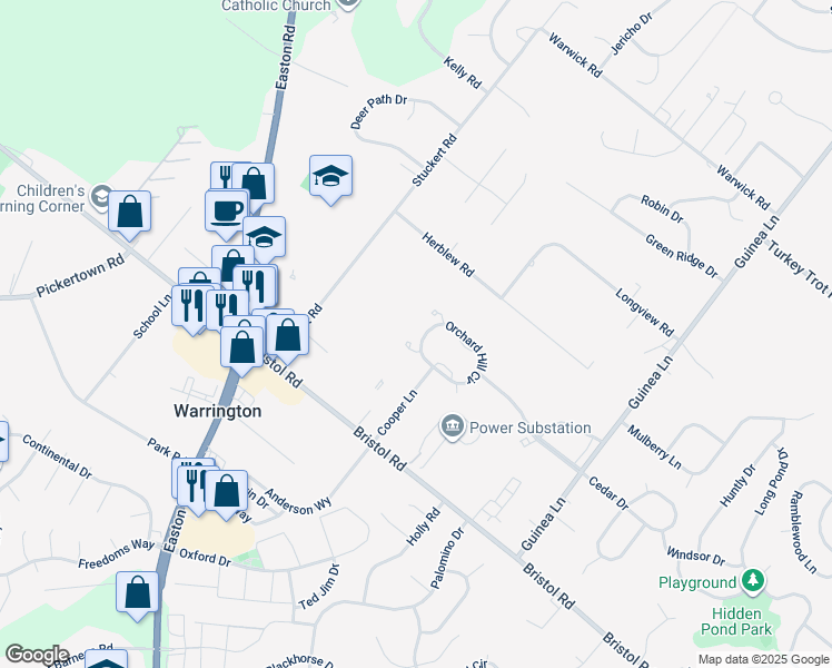 map of restaurants, bars, coffee shops, grocery stores, and more near 2277 Orchard Hill Circle in Warrington