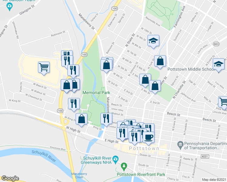 map of restaurants, bars, coffee shops, grocery stores, and more near 19 West 2nd Street in Pottstown