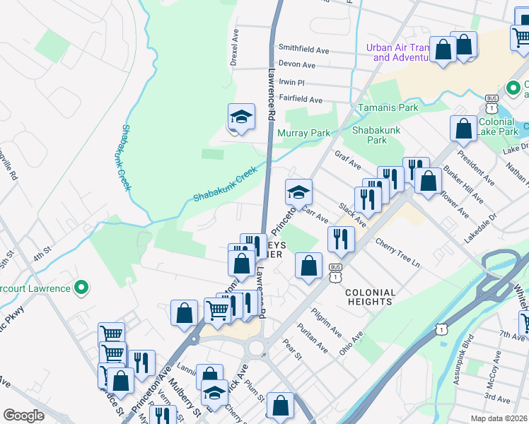 map of restaurants, bars, coffee shops, grocery stores, and more near 416 Lawrenceville Road in Lawrence Township