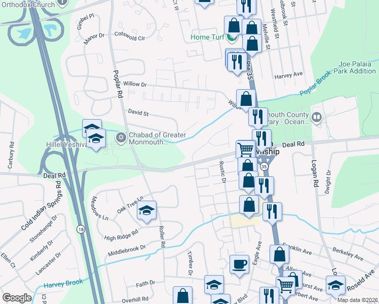 map of restaurants, bars, coffee shops, grocery stores, and more near 1 Mckinley Drive in Ocean Township