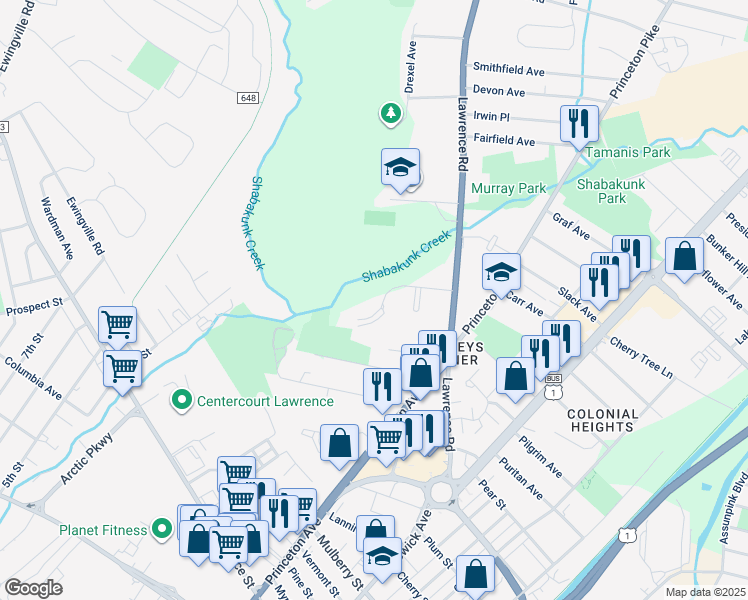 map of restaurants, bars, coffee shops, grocery stores, and more near 303 Meadow Woods Lane in Lawrence Township