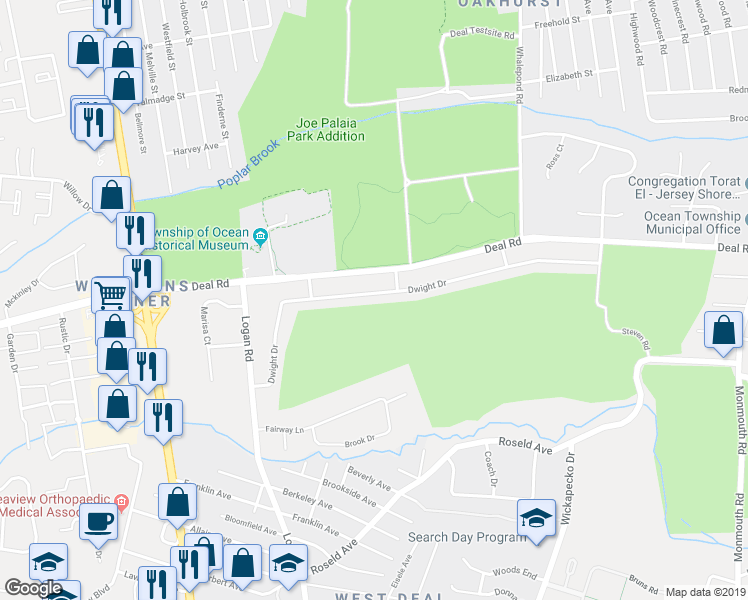 map of restaurants, bars, coffee shops, grocery stores, and more near 43 Dwight Drive in Monmouth County