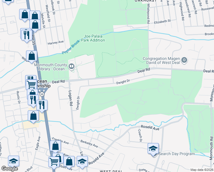 map of restaurants, bars, coffee shops, grocery stores, and more near 43 Dwight Drive in Monmouth County