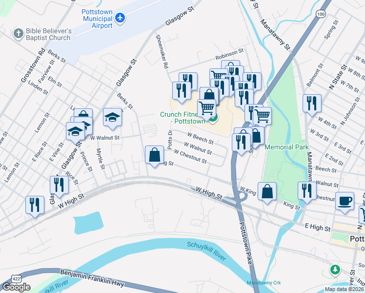 map of restaurants, bars, coffee shops, grocery stores, and more near 352 West Walnut Street in Pottstown