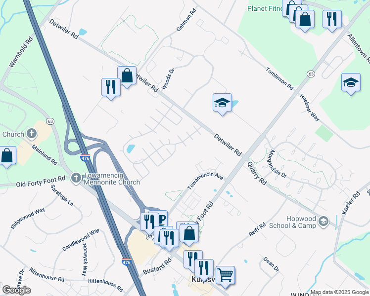 map of restaurants, bars, coffee shops, grocery stores, and more near 21 Black Cherry Court East in Harleysville