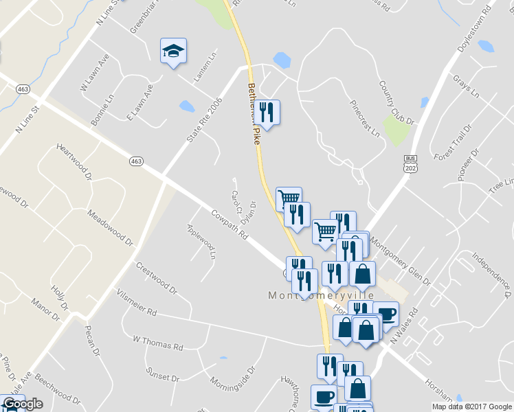 map of restaurants, bars, coffee shops, grocery stores, and more near 404 Dylan Drive in Lansdale