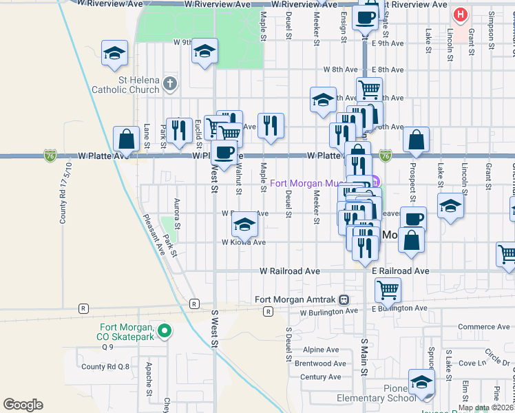 map of restaurants, bars, coffee shops, grocery stores, and more near 331 Maple Street in Fort Morgan