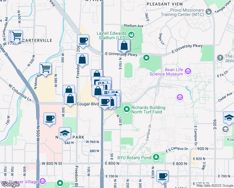 map of restaurants, bars, coffee shops, grocery stores, and more near 83 Cougar Boulevard in Provo