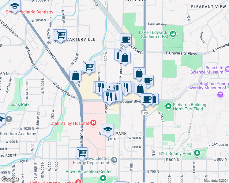 map of restaurants, bars, coffee shops, grocery stores, and more near 240 West 1230 North in Provo