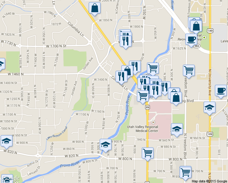 map of restaurants, bars, coffee shops, grocery stores, and more near 1269 Riverside Avenue in Provo