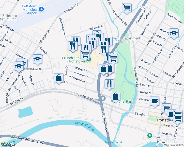 map of restaurants, bars, coffee shops, grocery stores, and more near 274 West Walnut Street in Pottstown
