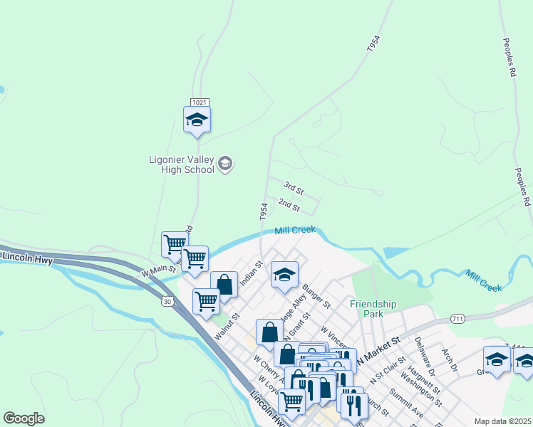 map of restaurants, bars, coffee shops, grocery stores, and more near 24 Carey School Road in Ligonier