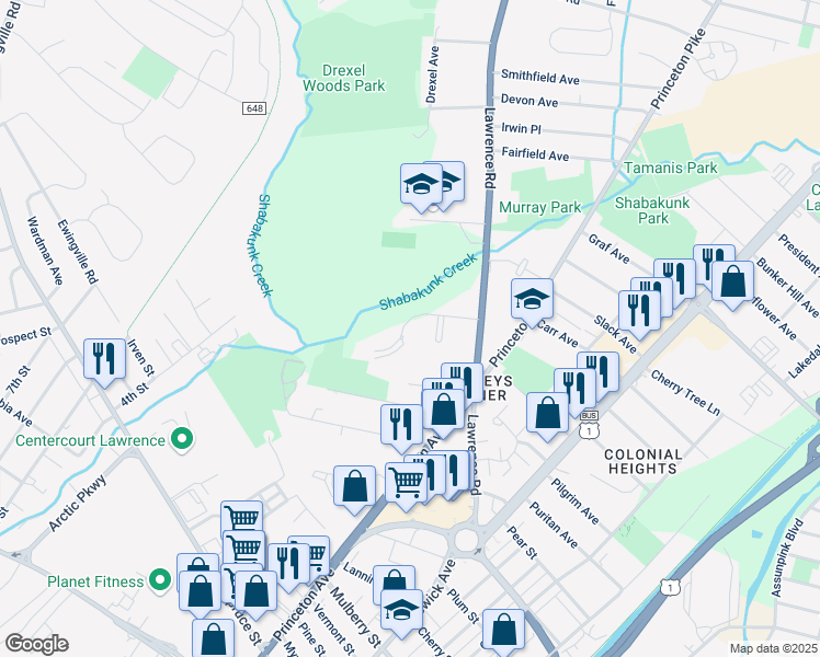 map of restaurants, bars, coffee shops, grocery stores, and more near 423 Lawrenceville Road in Lawrence Township