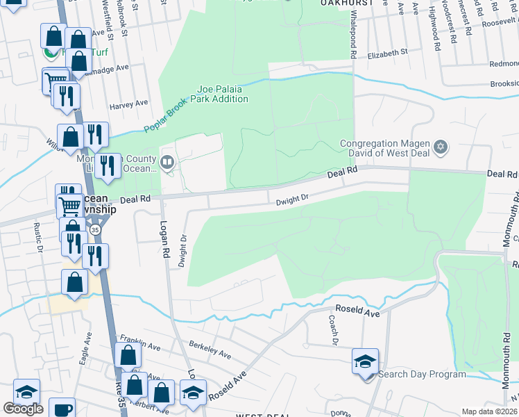 map of restaurants, bars, coffee shops, grocery stores, and more near 43 Dwight Drive in Monmouth County