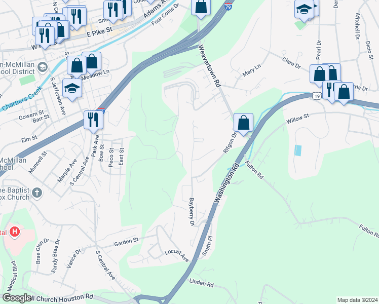 map of restaurants, bars, coffee shops, grocery stores, and more near 1129 Bayberry Drive in Canonsburg