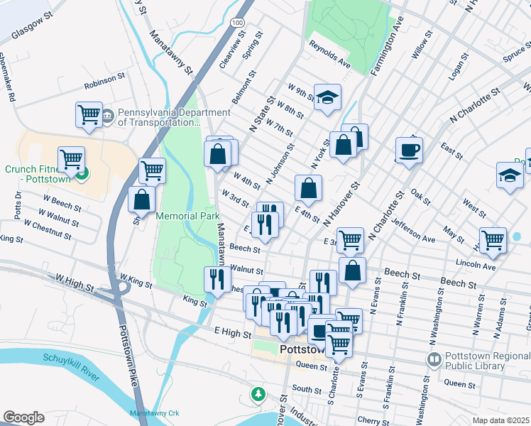 map of restaurants, bars, coffee shops, grocery stores, and more near 45 East 3rd Street in Pottstown