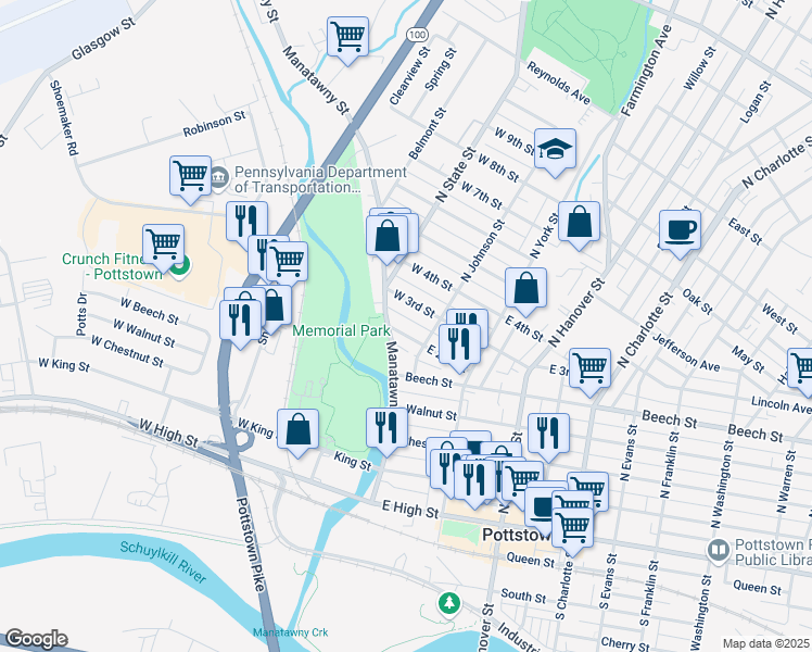 map of restaurants, bars, coffee shops, grocery stores, and more near 12 West 2nd Street in Pottstown