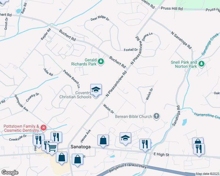 map of restaurants, bars, coffee shops, grocery stores, and more near 1009 North Pleasantview Road in Pottstown
