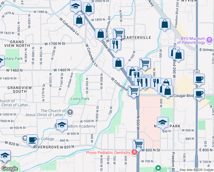 map of restaurants, bars, coffee shops, grocery stores, and more near 1303 North 550 West in Provo