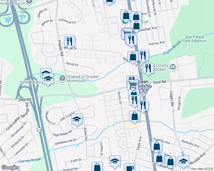 map of restaurants, bars, coffee shops, grocery stores, and more near 1 Mckinley Drive in Ocean Township