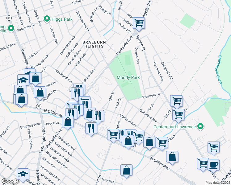 map of restaurants, bars, coffee shops, grocery stores, and more near 1632 11th Street in Trenton
