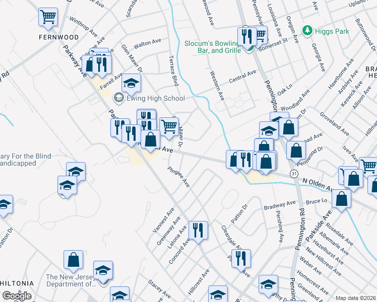 map of restaurants, bars, coffee shops, grocery stores, and more near 8 Weston Road in Trenton