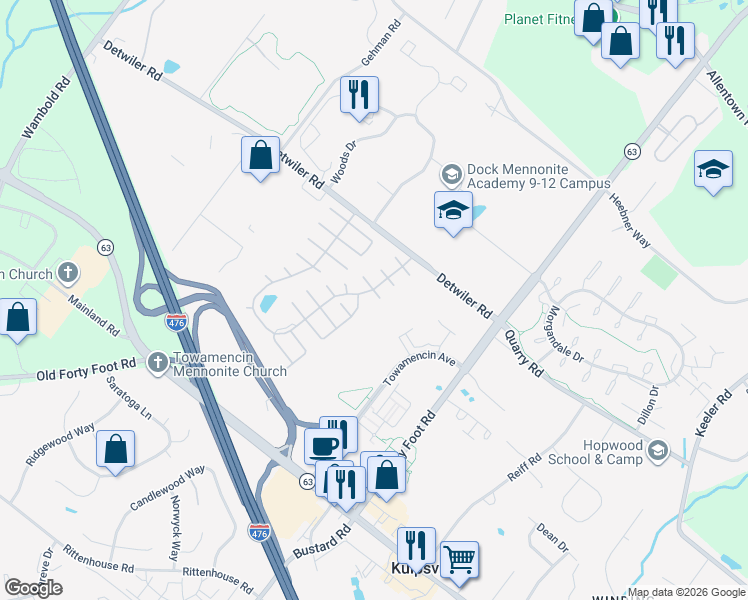 map of restaurants, bars, coffee shops, grocery stores, and more near 16 Bentwood Circle in Harleysville