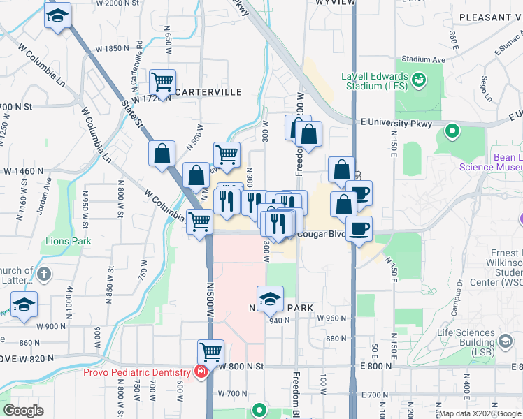 map of restaurants, bars, coffee shops, grocery stores, and more near 1301 North 300 West in Provo