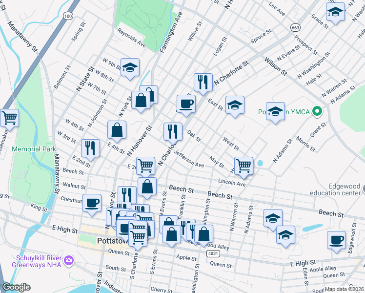 map of restaurants, bars, coffee shops, grocery stores, and more near 335 Jefferson Avenue in Pottstown