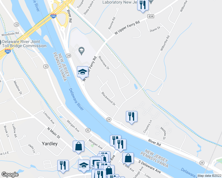 map of restaurants, bars, coffee shops, grocery stores, and more near 2 Wakefield Drive in Ewing Township