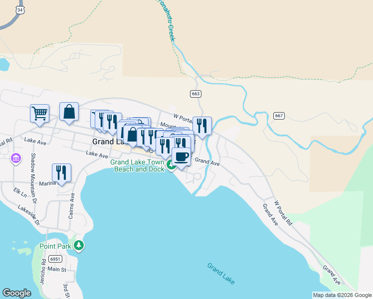 map of restaurants, bars, coffee shops, grocery stores, and more near 1200 Grand Avenue in Grand Lake