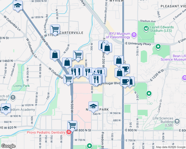 map of restaurants, bars, coffee shops, grocery stores, and more near 1302 North 300 West in Provo