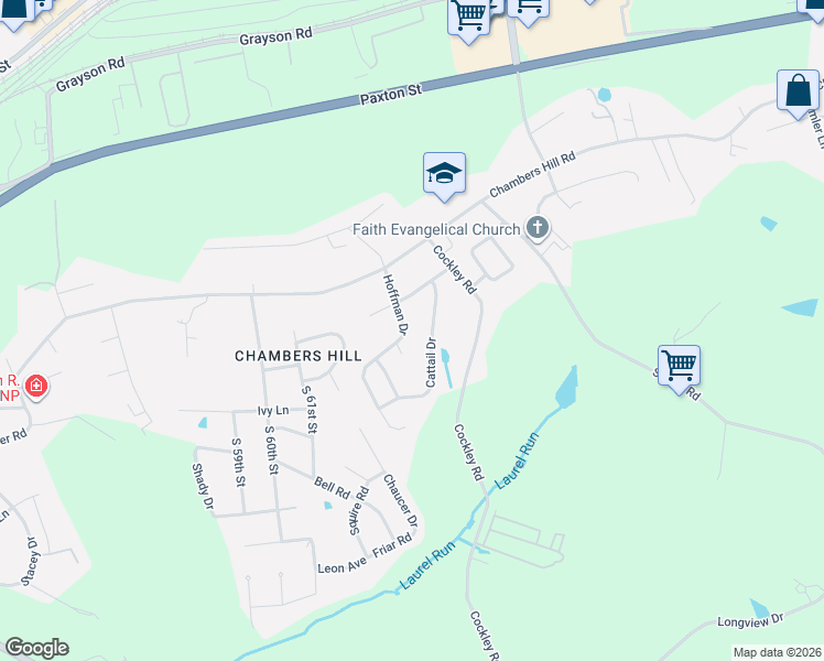 map of restaurants, bars, coffee shops, grocery stores, and more near 715 Cattail Drive in Harrisburg
