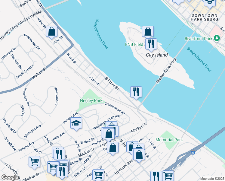 map of restaurants, bars, coffee shops, grocery stores, and more near 328 South River Street in Wormleysburg