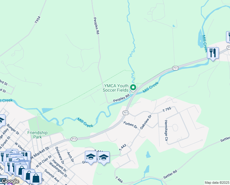 map of restaurants, bars, coffee shops, grocery stores, and more near 736 Hillside Avenue in Ligonier