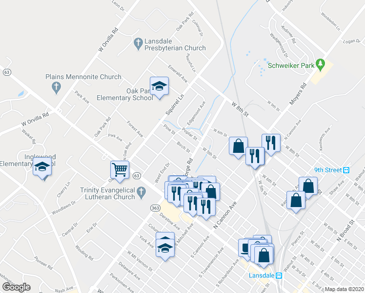 map of restaurants, bars, coffee shops, grocery stores, and more near Birch Street in Lansdale