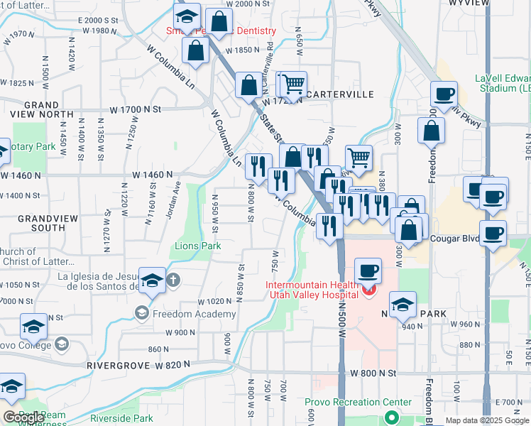 map of restaurants, bars, coffee shops, grocery stores, and more near 1303 Riverside Avenue in Provo