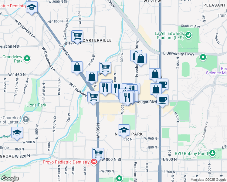 map of restaurants, bars, coffee shops, grocery stores, and more near 1277 North 300 West in Provo