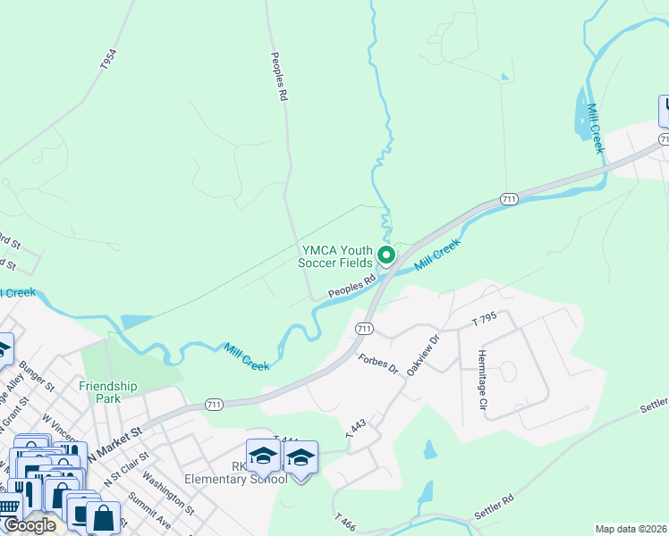 map of restaurants, bars, coffee shops, grocery stores, and more near 736 Hillside Avenue in Ligonier