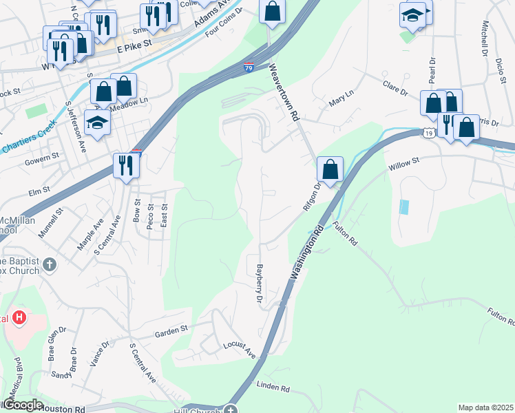 map of restaurants, bars, coffee shops, grocery stores, and more near 1133 Bayberry Drive in Canonsburg