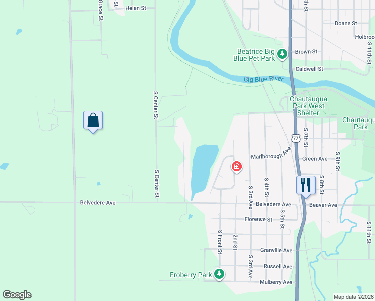 map of restaurants, bars, coffee shops, grocery stores, and more near 1202 Doyle Lane in Beatrice