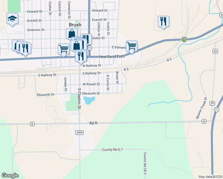 map of restaurants, bars, coffee shops, grocery stores, and more near 129 South Curtis Street in Brush