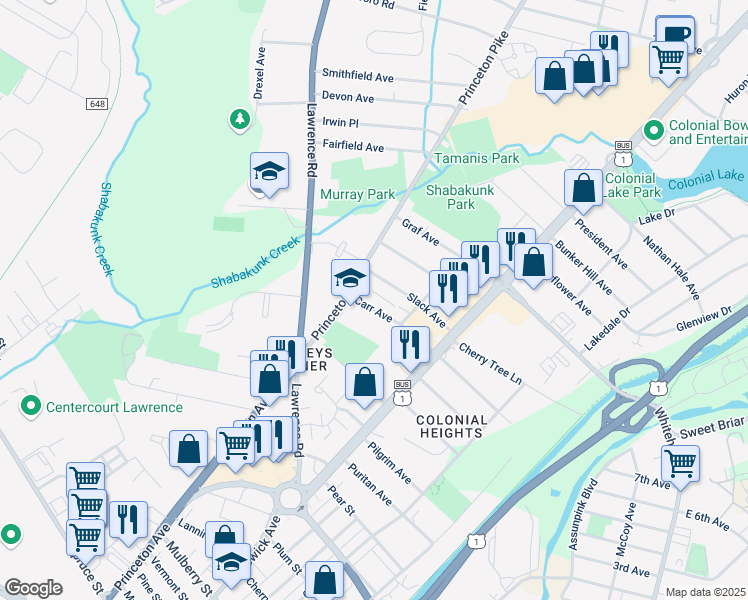 map of restaurants, bars, coffee shops, grocery stores, and more near 146 Slack Avenue in Lawrence Township