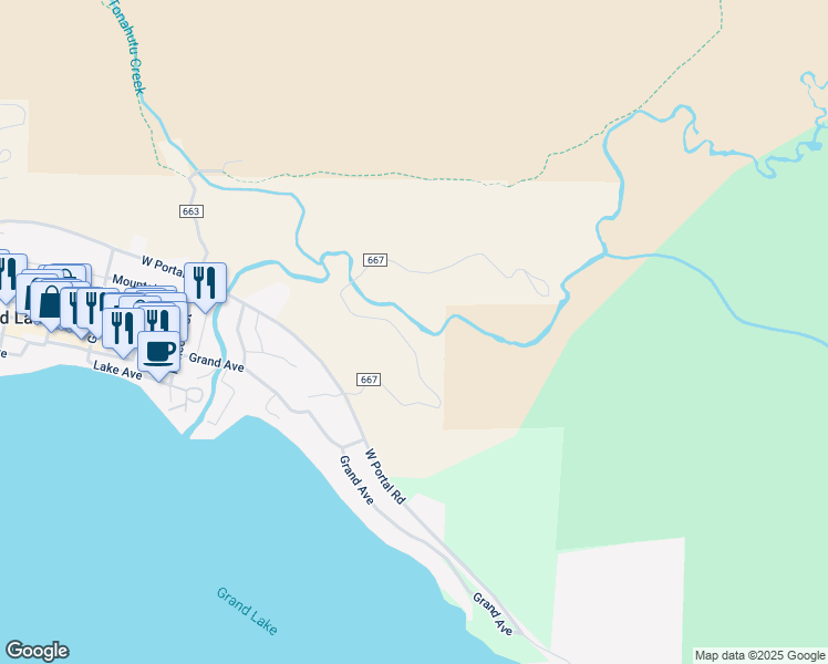 map of restaurants, bars, coffee shops, grocery stores, and more near 206 County Road 667 in Grand Lake